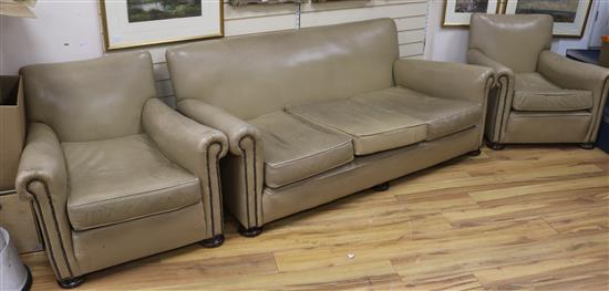 A 1950s leather 3-piece suite, Sofa W.180cm